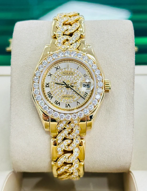 Rolex Masterpiece Pearlmaster 80298 RARE EDITION ALL FACTORY Diamonds Yellow Gold MOP Roman Diamond Dial MINT