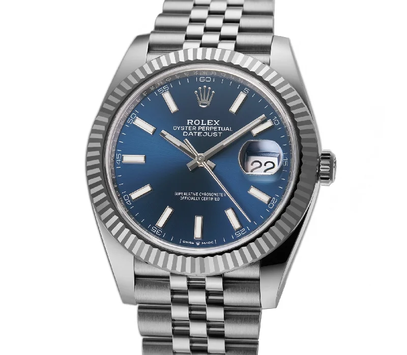 41mm Steel Blue Index Dial 18k Fluted Bezel Jubilee Bracelet