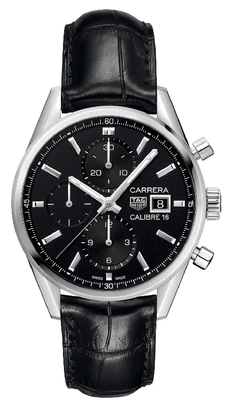 TAG Heuer Carrera Automatic Chronograph Stainless Steel Black Dial Black Leather Strap Date Mens Watch CBK2110.FC6266