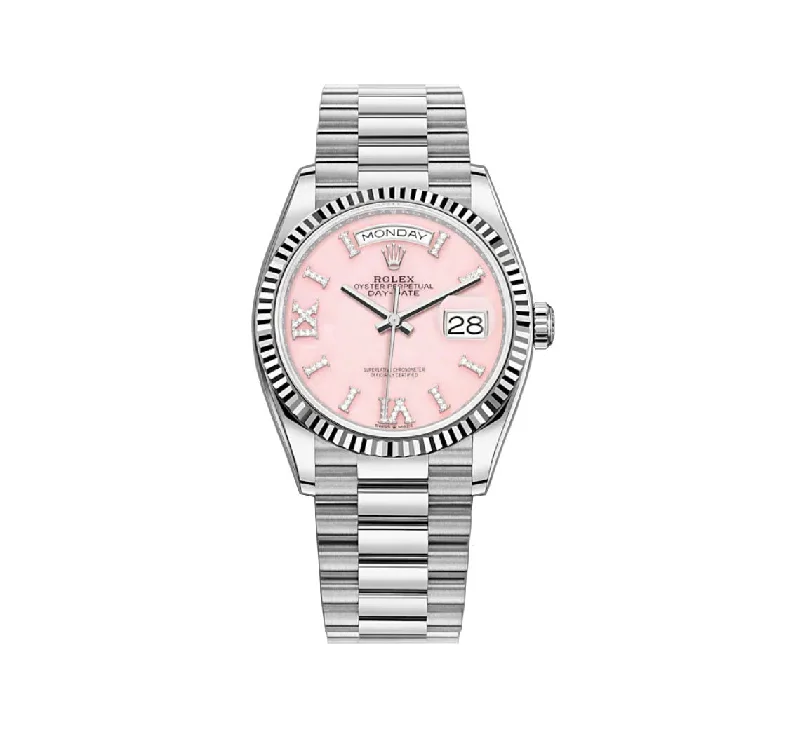 36mm 18k White Gold President Pink Opal Diamond Dial