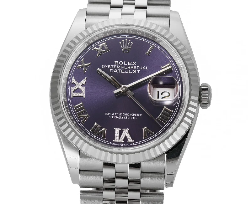 36mm Steel Purple Aubergine Roman Diamond VI And IX Dial 18k Fluted Bezel Jubilee Bracelet