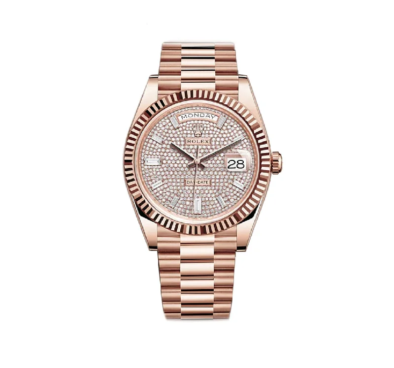 40mm 18k Everose Gold President Pave Baguette Diamond Dial