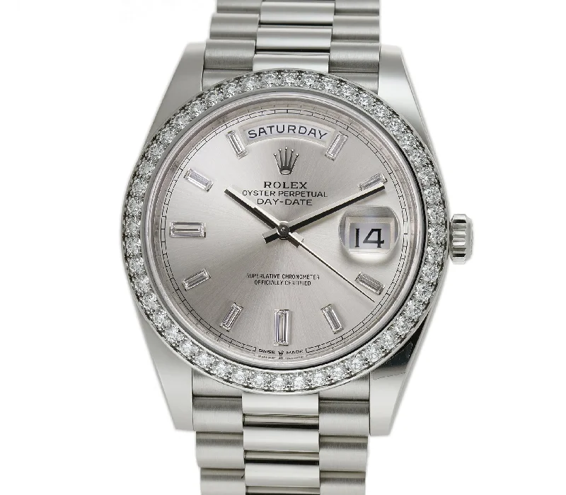 40mm President 18k White Gold Diamond Bezel Silver Baguette Diamond Dial