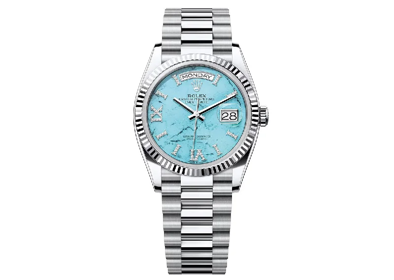 Rolex Day-Date 36mm 128236 Platinum President Diamond-Set Turquoise Dial