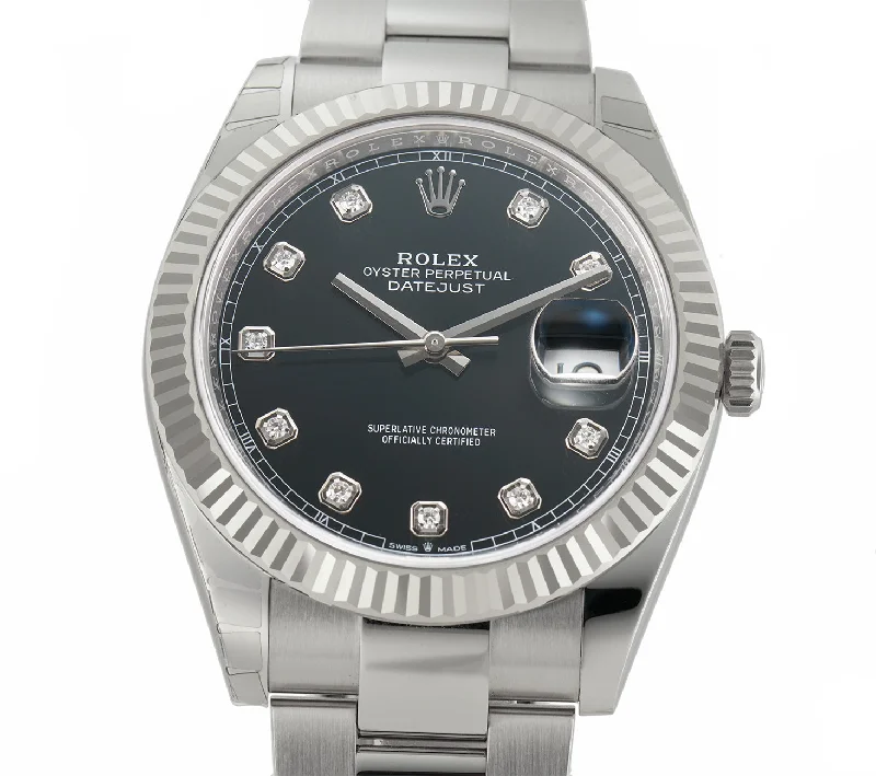 Steel 41mm 18k Fluted Bezel Black Diamond Dial Oyster Bracelet